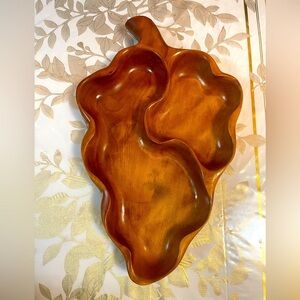 Vintage  Wooden Hand Carved Leaf Divided Bowl Large 16”x9” 2 Sections Some Wear
